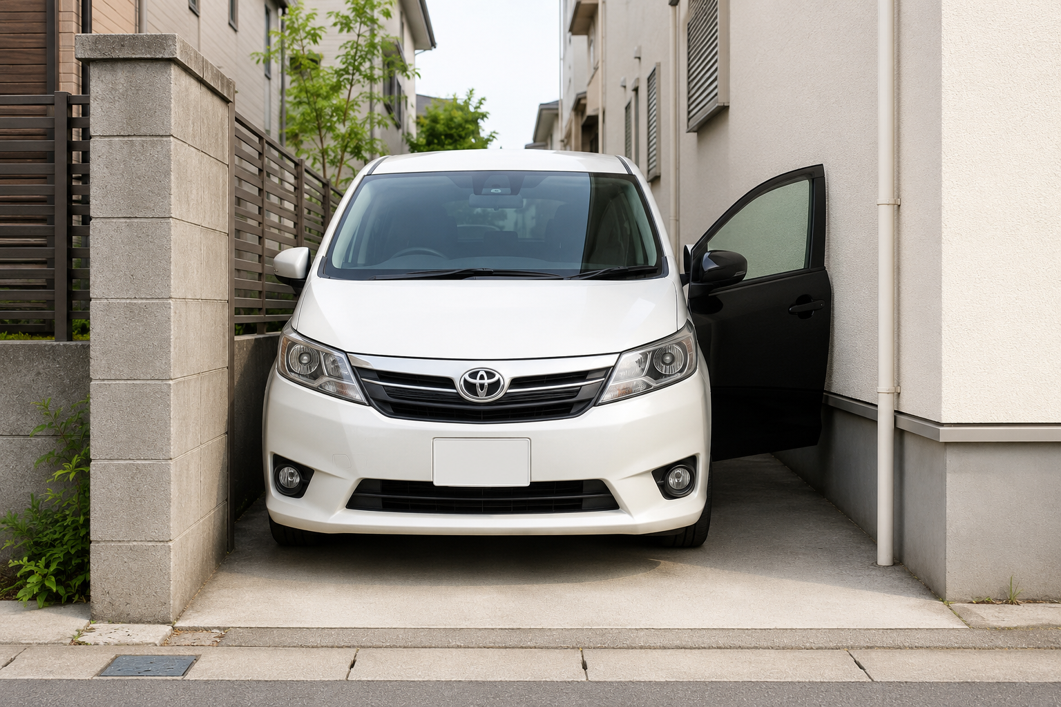 駐車場が狭く車のドアが開けにくい外構イメージ