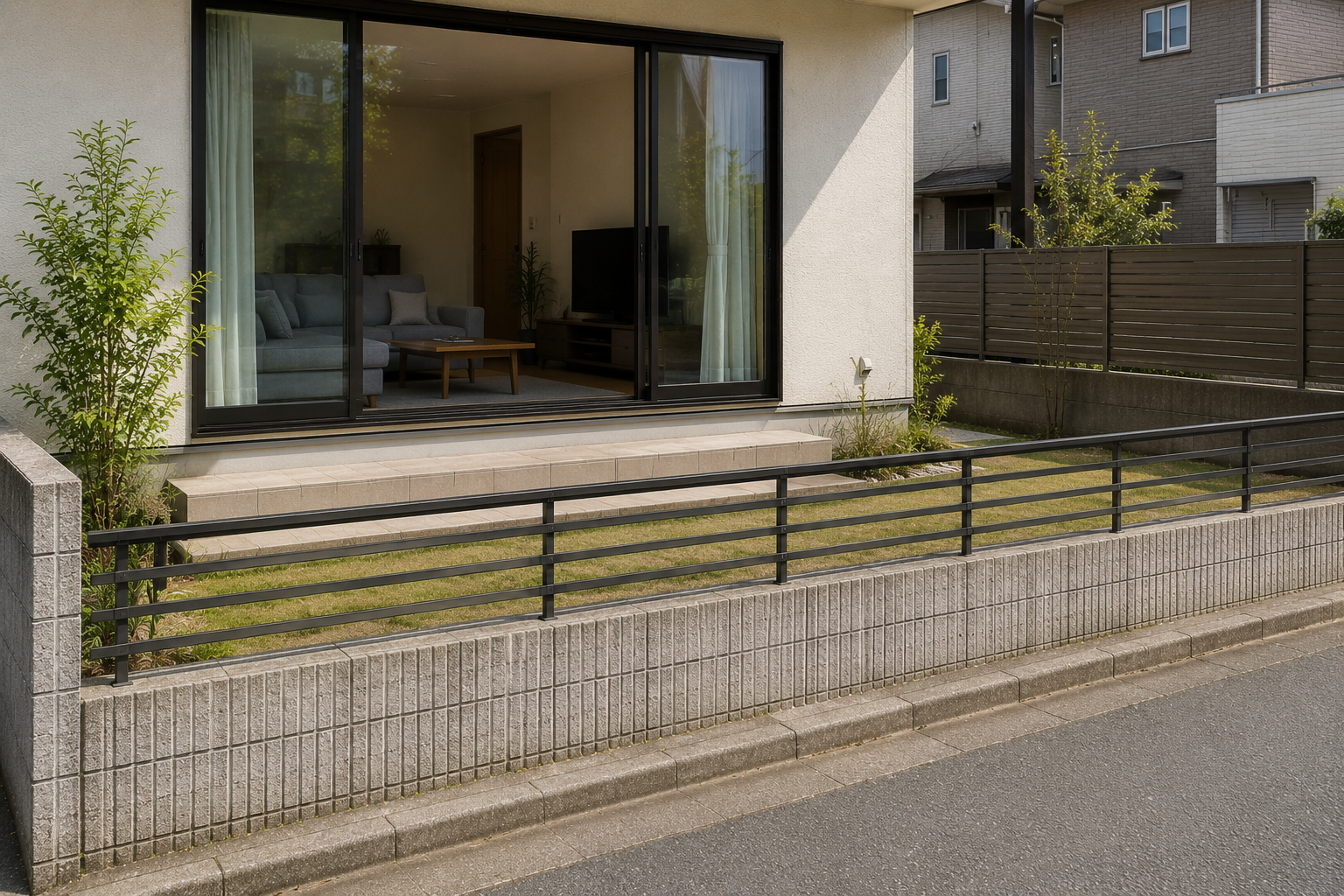 目隠しフェンスが低く室内が見えやすい外構イメージ