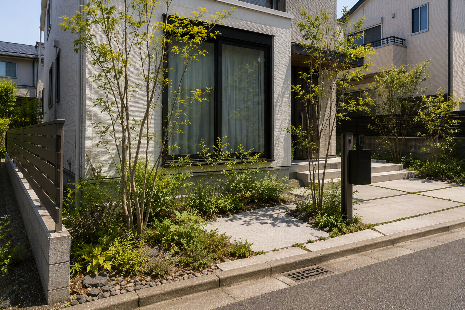 植栽が伸びすぎて管理が大変な外構イメージ