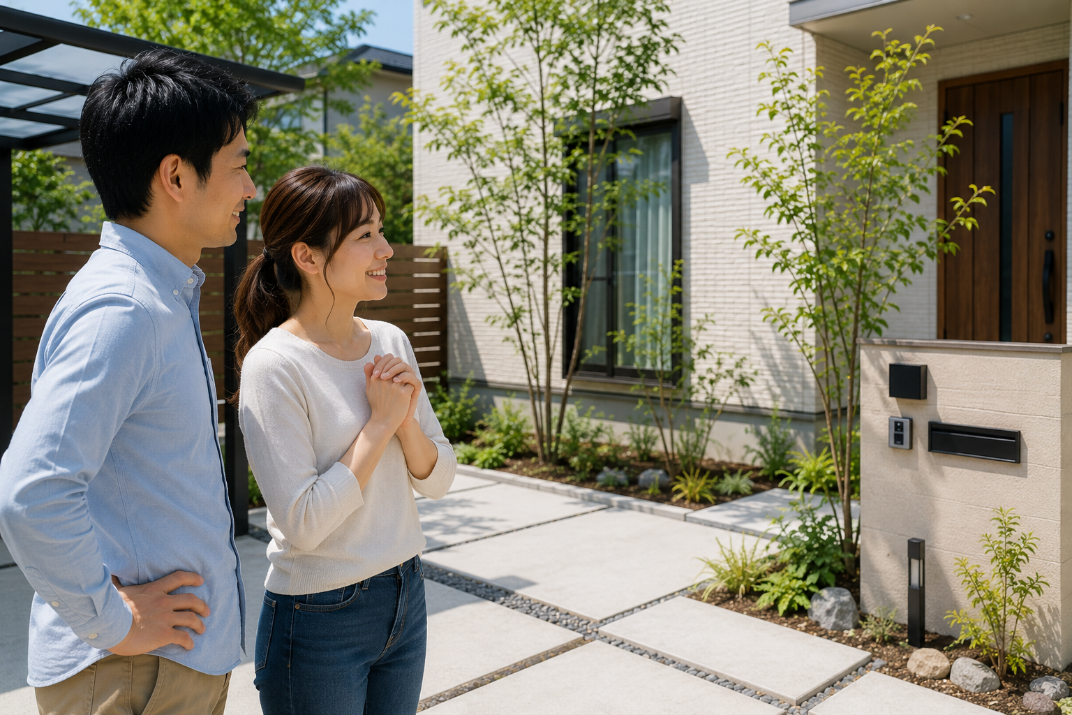 予算内で完成した外構を見て満足している夫婦