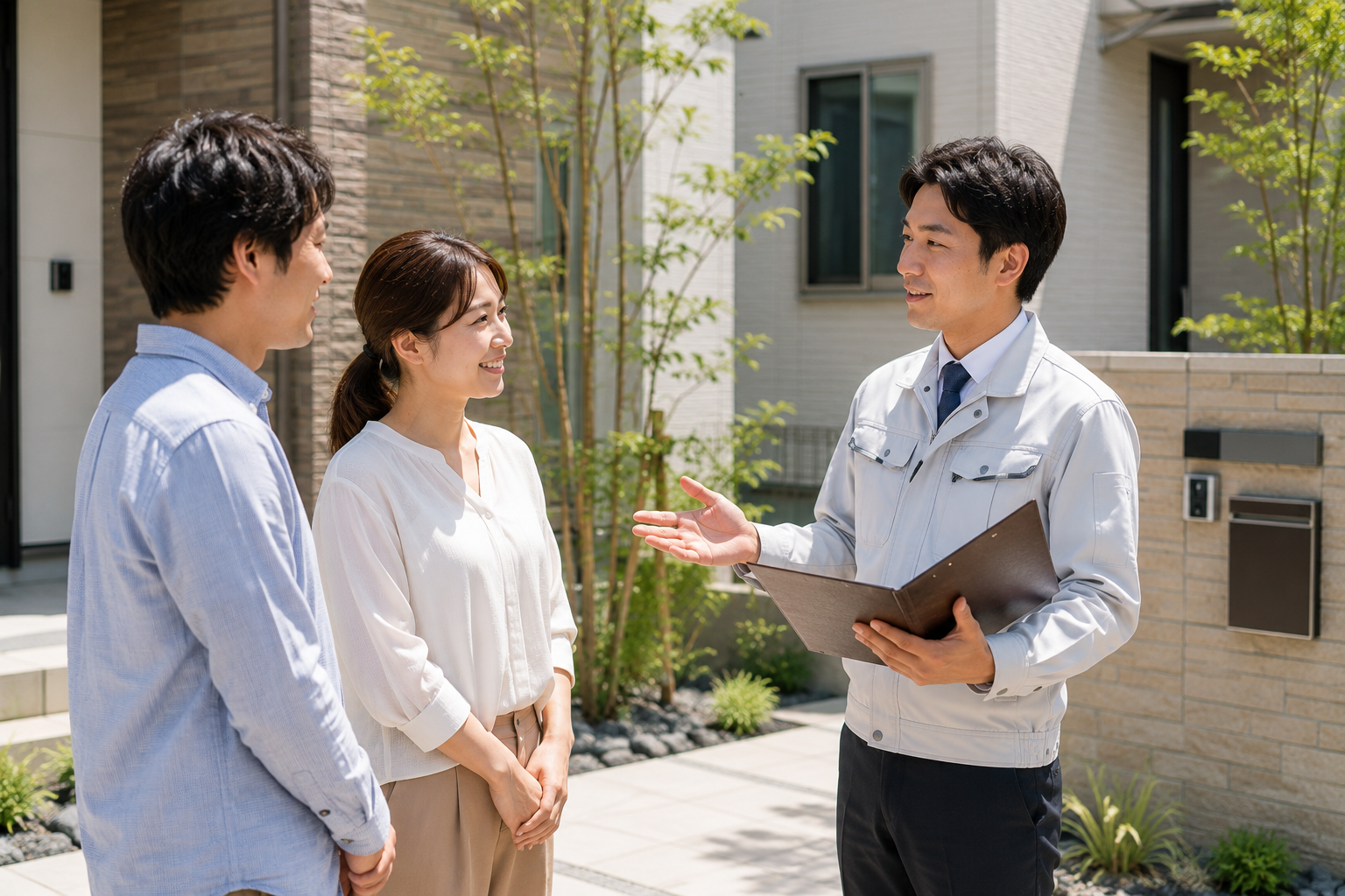 外構工事の現地確認をしている様子