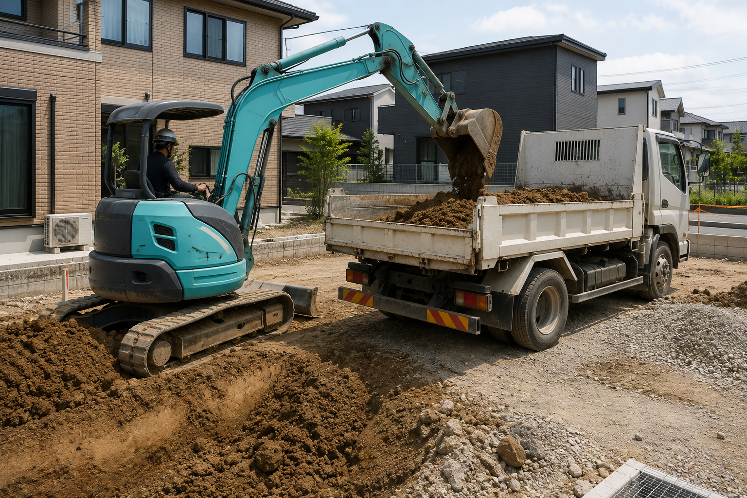 残土処分で土を搬出している外構工事現場