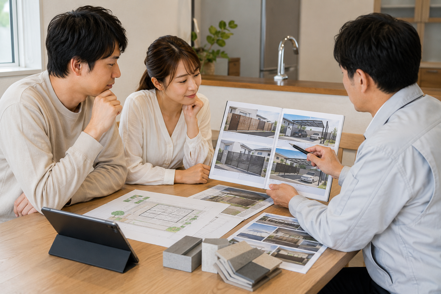 外構会社と打ち合わせしている様子