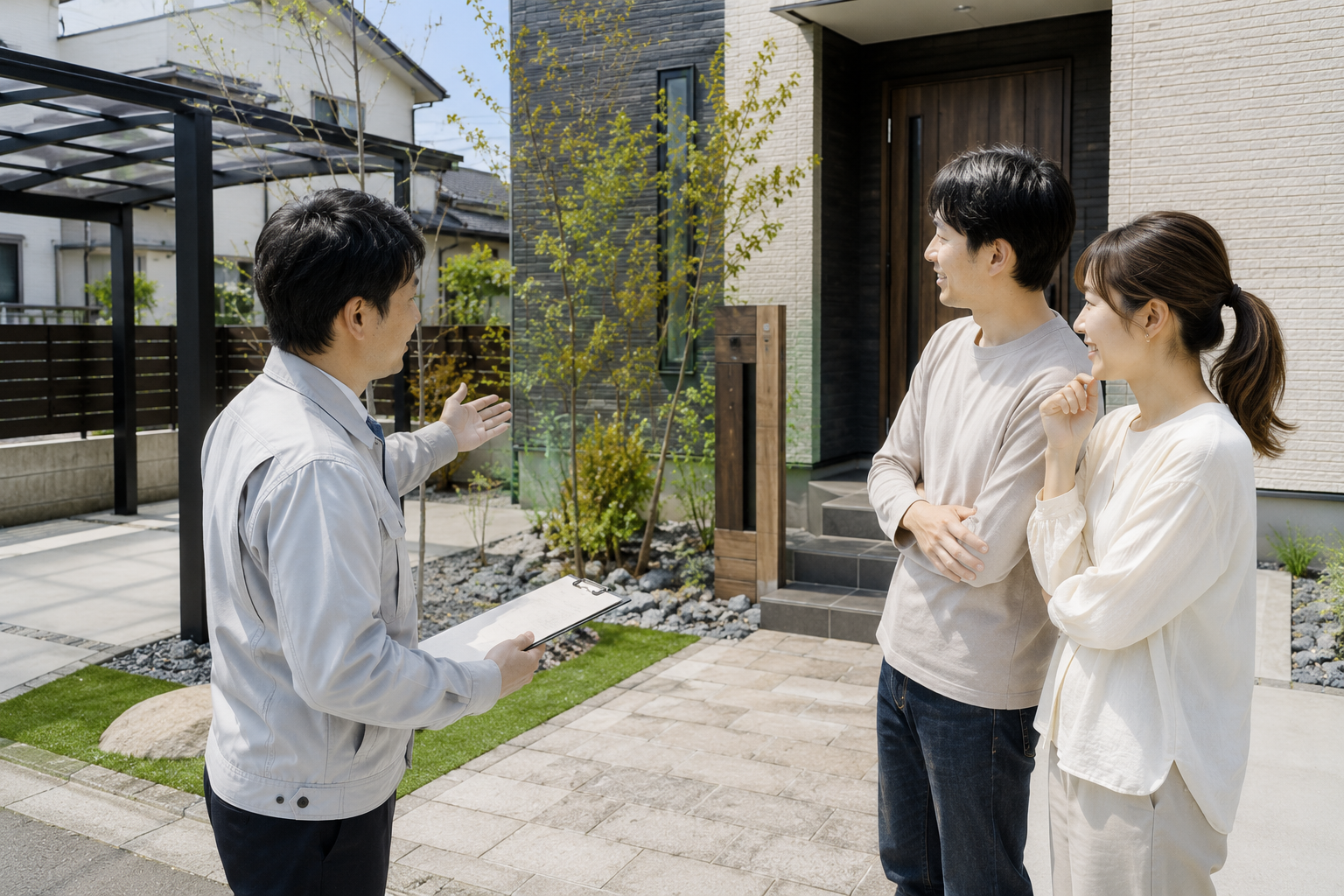 完成した外構を見て満足している夫婦