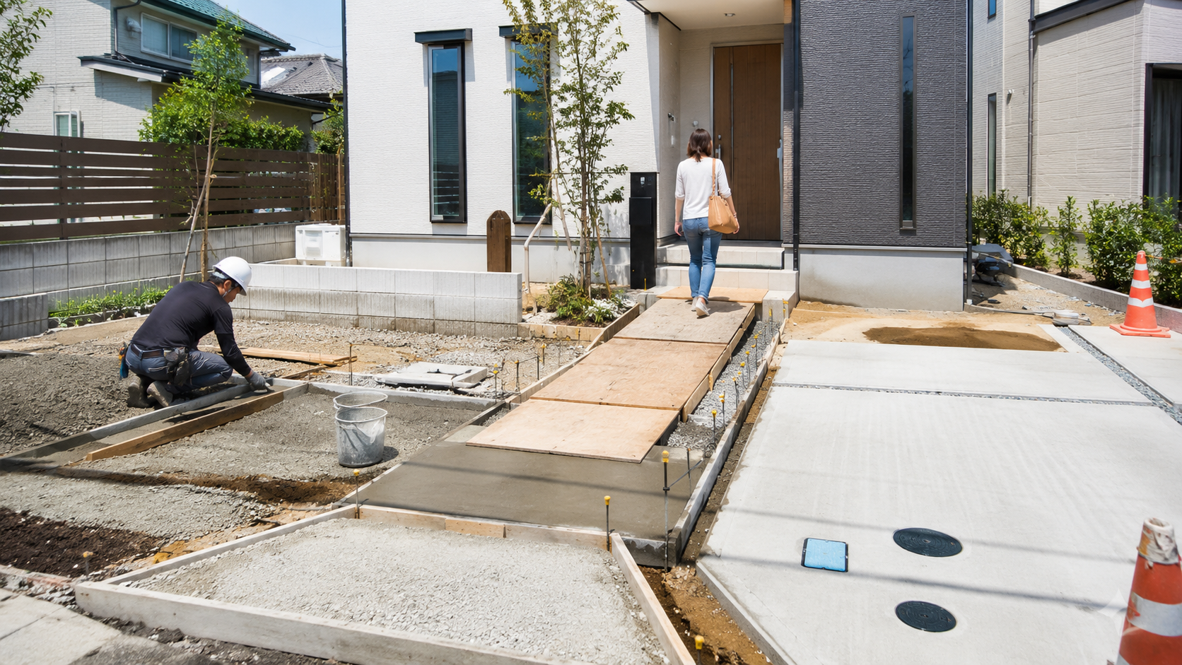 広島市で外構工事中に住まいへ出入りする様子