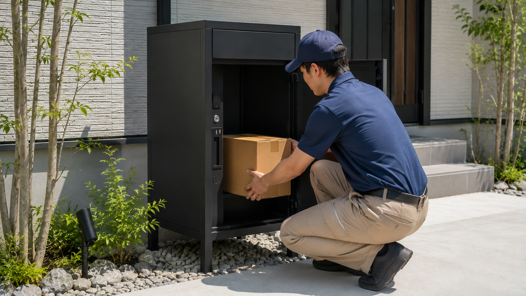 宅配ボックスに荷物を入れている様子