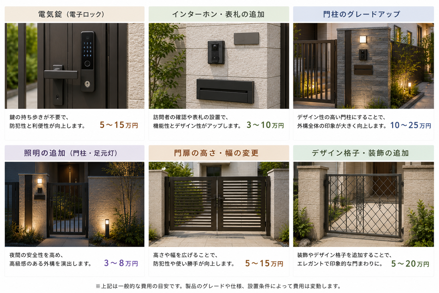 門扉の電気錠や照明などのオプション費用の比較図